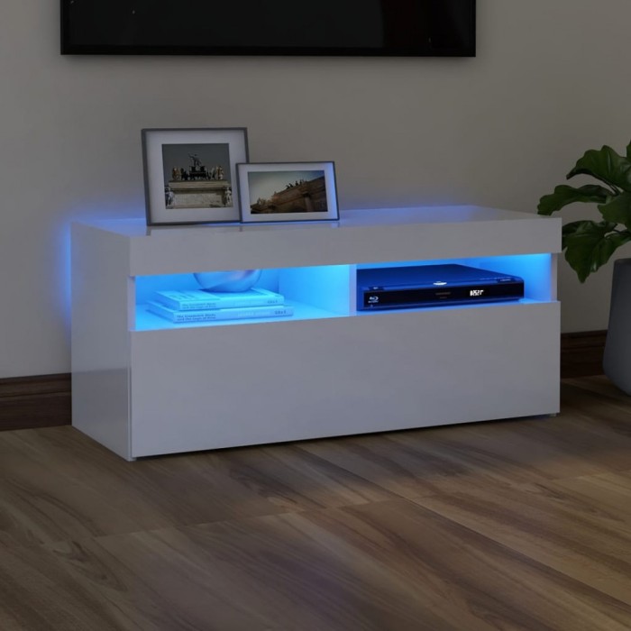 Gossi comoda tv cu lumini led, alb extralucios, 90x35x40 cm