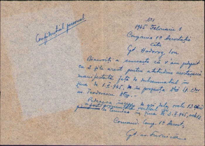 HST A2254 Arest de 2 zile pentru un ofițer din Compania I Aerostație, 1945
