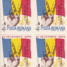 ROMANIA 1990 LP 1248 UN AN DE LA VICTORIA REVOLUTIEI BLOC DE 4 TIMBRE MNH