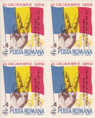 ROMANIA 1990 LP 1248 UN AN DE LA VICTORIA REVOLUTIEI BLOC DE 4 TIMBRE MNH foto