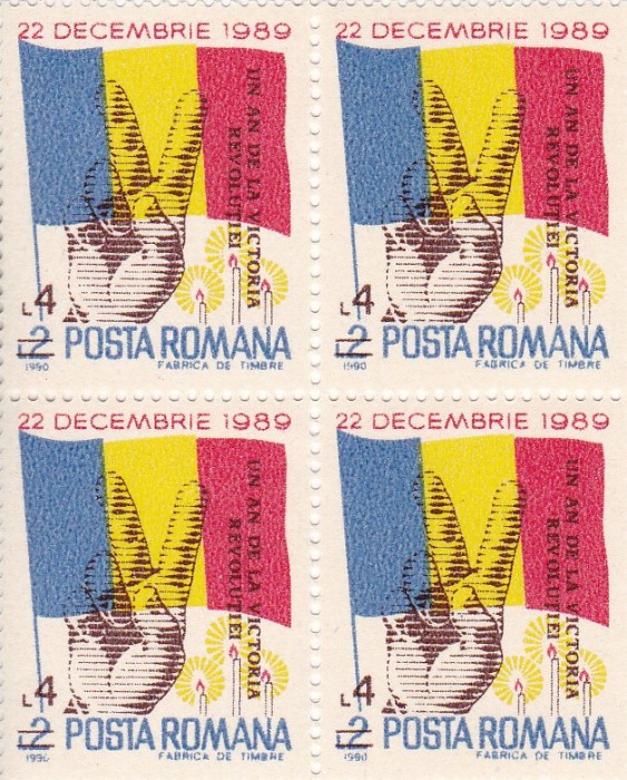 ROMANIA 1990 LP 1248 UN AN DE LA VICTORIA REVOLUTIEI BLOC DE 4 TIMBRE MNH