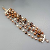 Cumpara ieftin Brățară Perle Cultură Maro Bronz Argint 925 Placat Aur Roz, 5 Șiraguri, Ajustabilă 18-23cm, Hipoalergenică + Cutie Cadou