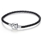 Bratara Barbati, Zamo&reg;, Silver Leather Bangle, tip Pandora, Pielea Neagra si Metal Argintiu