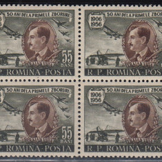 ROMANIA 1956 LP 411 - 50 ANI DE LA PRIMUL ZBOR AL LUI VUIA BLOC DE 4 TIMBRE MNH