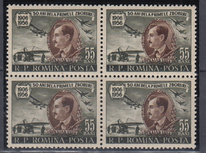 ROMANIA 1956 LP 411 - 50 ANI DE LA PRIMUL ZBOR AL LUI VUIA BLOC DE 4 TIMBRE MNH