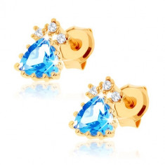 Cercei strălucitori din aur galben 14K - triunghi topaz albastru, zirconii transparente