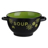 Bol ceramic pentru supă, 700 ml, cu m&acirc;ner, negru și verde, model floral, CMCLASS