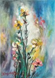 Pictură originală ulei pe p&acirc;nză &bdquo;Flori galbene și roz pe tulpini &icirc;nalte&rdquo; 42x60 cm. Certificat cu semnătura și ștampila artistului