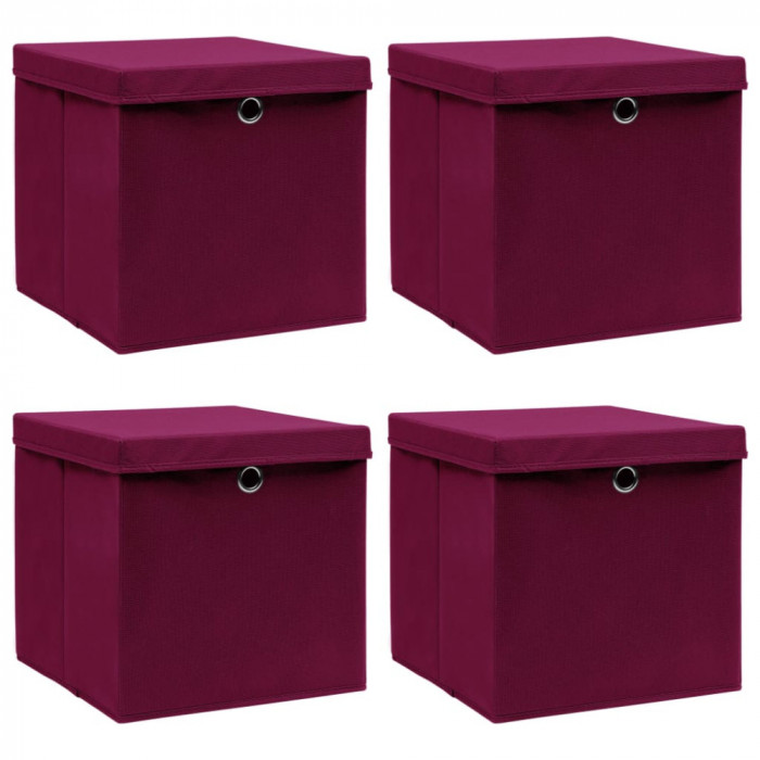 Cutii depozitare cu capac 4 buc. rosu &icirc;nchis 32x32x32cm, textil GartenMobel Dekor