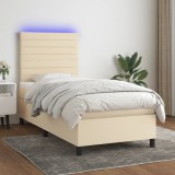 vidaXL Pat cu arcuri, saltea și LED, crem, 100x200 cm, textil