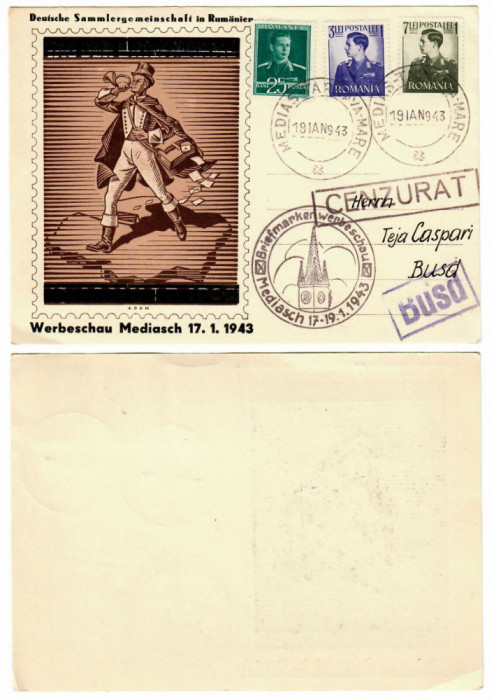 ROMANIA 1943 carte postala speciala expozitia filatelica germana Medias , Sibiu