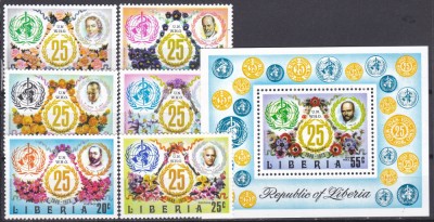 DB1 Liberia 1973 25 Ani OMS ONU 6 v. + SS MNH foto