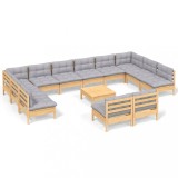 Set mobilier gradina cu perne, 13 piese, gri, lemn masiv pin