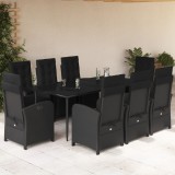 VidaXL Set mobilier de grădină cu perne, 9 piese, negru, poliratan
