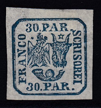 ROMANIA 1864 LP 13 PRINCIPATELE UNITE EMISIUNEA II-a 30 PARALE ALBASTRU GUMA ORIGINALA SARNIERA foto
