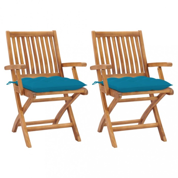 vidaXL Scaune de grădină, 2 buc., cu perne bleu, lemn masiv de tec 3062425
