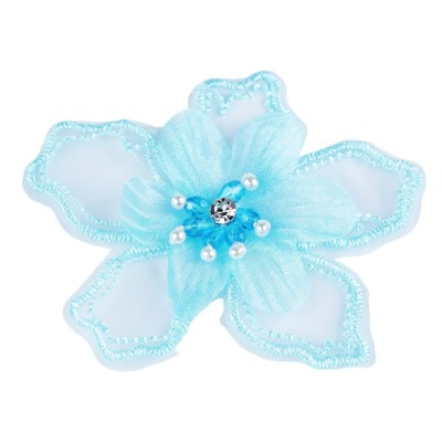 Floare textila cu margele pentru decorare haine, diametru 8 cm, Albastru deschis foto