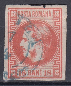 ROMANIA 1868 LP 24 REGELE CAROL I CU FAVORITI 18 BANI ROSU STAMPILAT foto