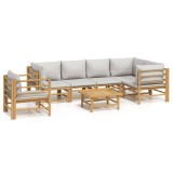 Cumpara ieftin Set mobilier de gradina cu perne gri deschis, 7 piese, bambus