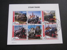 6 Locomotive cu Abur Celebre (Canada, Rusia, UK, Germania), $250, obliterat. Bloc de Timbre Poștale Vintage Liberia 2022