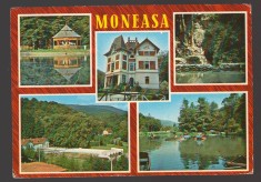 CPIB 23696 CARTE POSTALA - MONEASA: CAMPING, VILA TURISTICA, GROTA URSULUI, STRANDUL, LACUL DE AGREMENT, CIRCULATA, 1980, STAMPILE, TIMBRU
