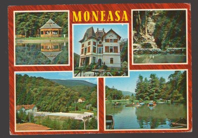 CPIB 23696 CARTE POSTALA - MONEASA: CAMPING, VILA TURISTICA, GROTA URSULUI, STRANDUL, LACUL DE AGREMENT, CIRCULATA, 1980, STAMPILE, TIMBRU foto