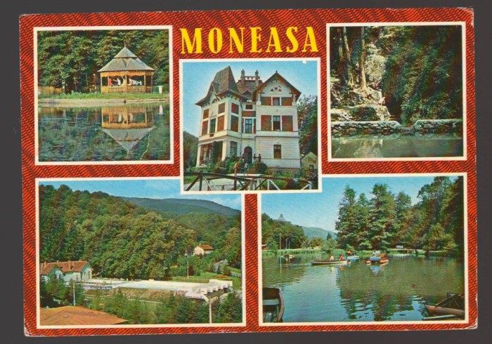 CPIB 23696 CARTE POSTALA - MONEASA: CAMPING, VILA TURISTICA, GROTA URSULUI, STRANDUL, LACUL DE AGREMENT, CIRCULATA, 1980, STAMPILE, TIMBRU
