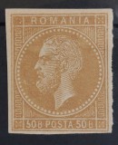 Romania 1872 - Eseu Carol l, 50 bani brun-galben pe galbui