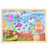 Puzzle din lemn Pufo pentru copii, model Lumea Acvatica, 24 piese, 40 x 30 cm