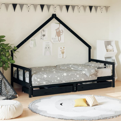 vidaXL Cadru de pat copii cu sertare, negru, 90x200 cm, lemn masiv pin foto