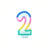 Cumpara ieftin Lumanare aniversara cifra 2 alba 4,8 cm, decor multicolor, parafina, fitil din bumbac si suport din plastic pentru fixare in tort