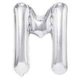 Balon folie metalizata litera m, flippy, 80 cm, umflati cu heliu sau aer, ambalaj individual, pai inclus, argintiu