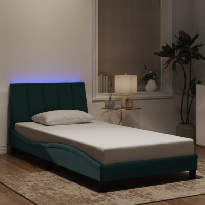 vidaXL Cadru de pat cu lumini LED, verde &amp;icirc;nchis, 100x200 cm, catifea foto