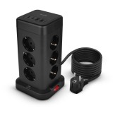 Prelungitor vertical 12 sloturi, 12 prize AC, 4 porturi USB, Protectie impotriva suprasarcinii, un singur comutator ON/OFF, cablu de 1,8 m, Negru