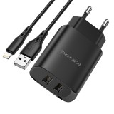 Incarcator Retea Alimentator 2 x USB 2.1A pentru iPhone cu Cablu tip Lightning 1m - Borofone