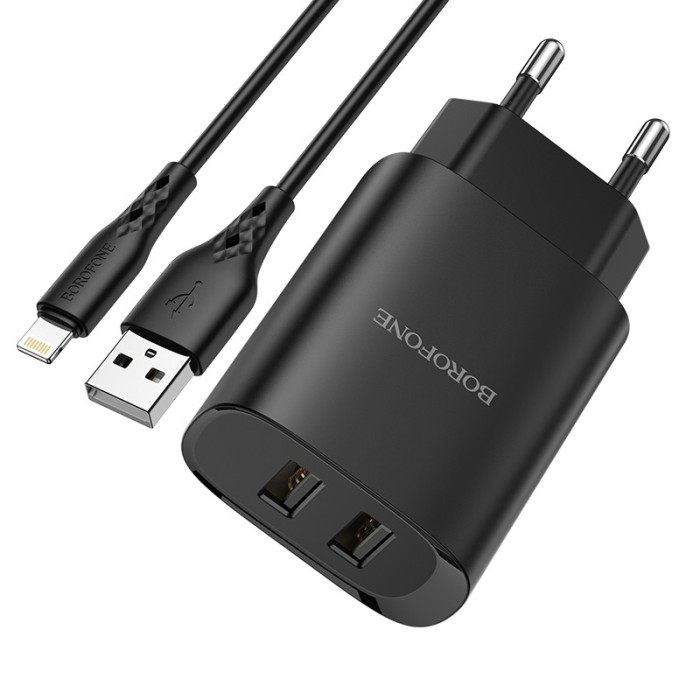 Incarcator Retea Alimentator 2 x USB 2.1A pentru iPhone cu Cablu tip Lightning 1m - Borofone
