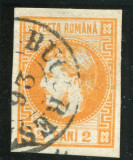 1868 , Lp 21 , Carol I cu favoriti 2 Bani portocaliu - stampilat Bucuresti