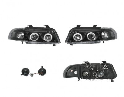 Set faruri tuning AUDI A4 (B5), 11.1994-12.1998, Taiwan, partea stanga+dreapta, cu lumina parcare fibra optica;tip bec H1+H1; manual/electric; negru, foto