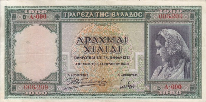 GRECIA 1.000 drahme 1939 VF/VF+!!!