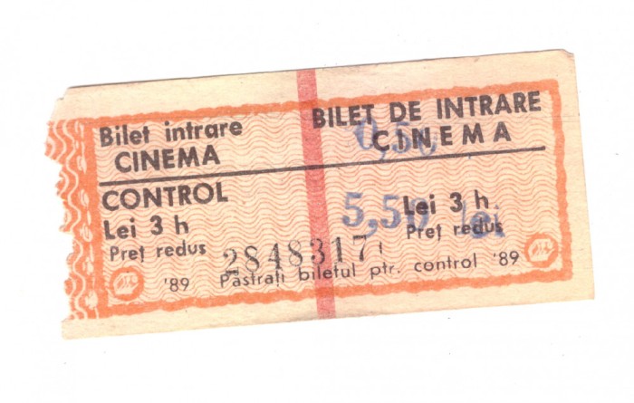 Bilet de intrare cinema, 1989-1990, fara identificare