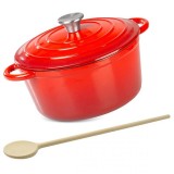 Cumpara ieftin Oala de fonta emailata cu capac, maner din inox, lingura de lemn, rosie, 4 L, Magic Home