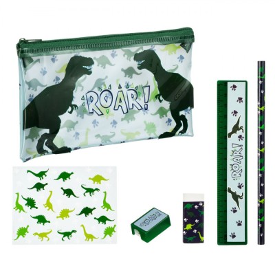Set școlar, Model Dinozaur, 6 Bucăți, Multicolor, Cu Penar Transparent foto