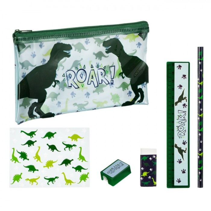 Set școlar, Model Dinozaur, 6 Bucăți, Multicolor, Cu Penar Transparent