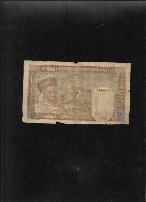 Rar! Algeria 100 francs 1942 seria1172 uzata