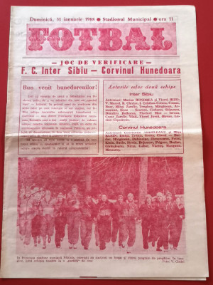 Program meci fotbal FC INTER SIBIU - CORVINUL HUNEDOARA (31.01.1988) foto