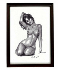 Tablou inramat desen original in creion femeie nud marime A4 foto