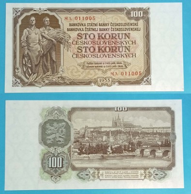 Cehoslovacia (p#86) 100 Korun 1953 &amp;#039;Republica Populară&amp;#039; aUNC+ serie: MA 011005 foto