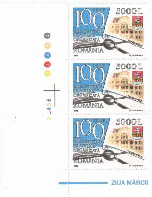 Romania, LP 1615/2003, Ziua marcii postale romanesti, straif de 3 timbre, MNH foto