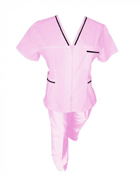 Costum Medical Pe Stil, Roz deschis cu fermoar si cu garnitura Neagra, Model Adelina - 3XL, 3XL