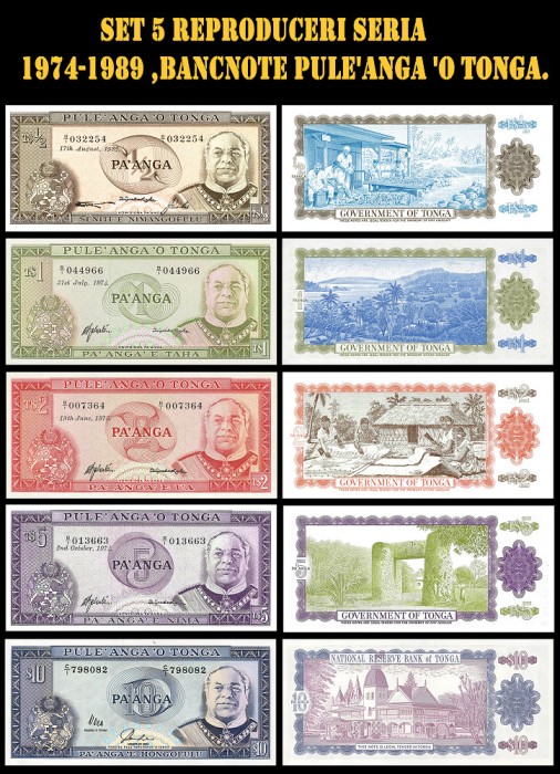 5 reproduceri Seria 1974-1989 ,bancnote Pule&#039;Anga &#039;O Tonga.